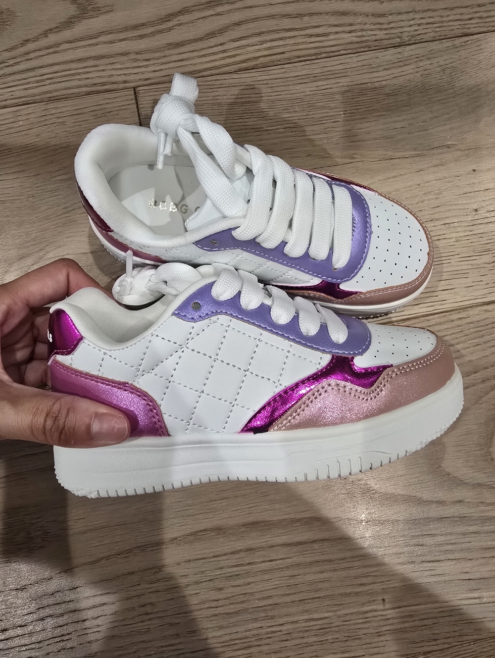 New Kids White & Pink Metallic Lace-Up Sneakers 12c